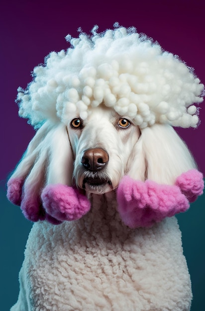 Generative AI illustration of white poodle dog head with head curlers