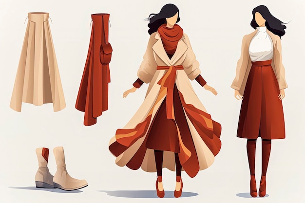 Generative AI illustration of woman model wearing trendy couture winter clothes in minimal vector illustration styleFashion concept digital art