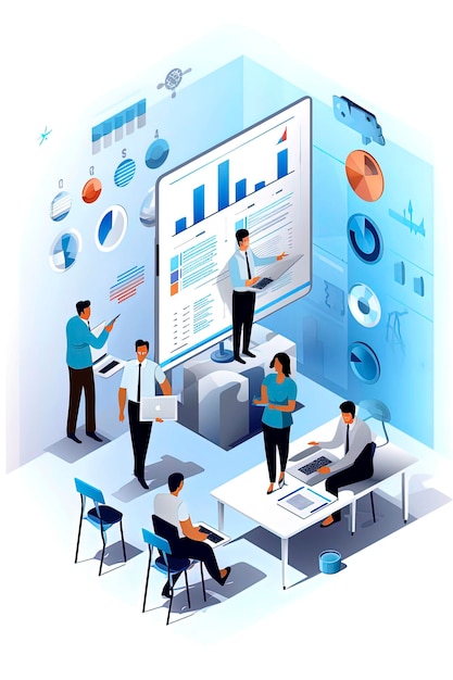 Generative AI illustration of workers gathered together surrounded by charts looking for business strategies Vector illustration style Digital art