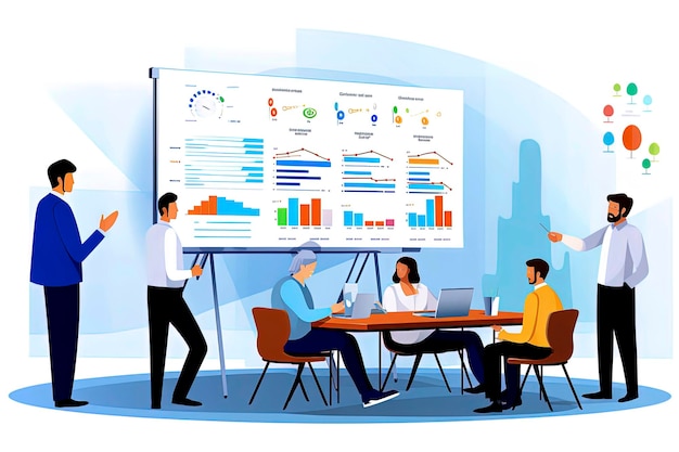 Generative AI illustration of workers gathered together surrounded by charts looking for business strategies Vector illustration style Digital art