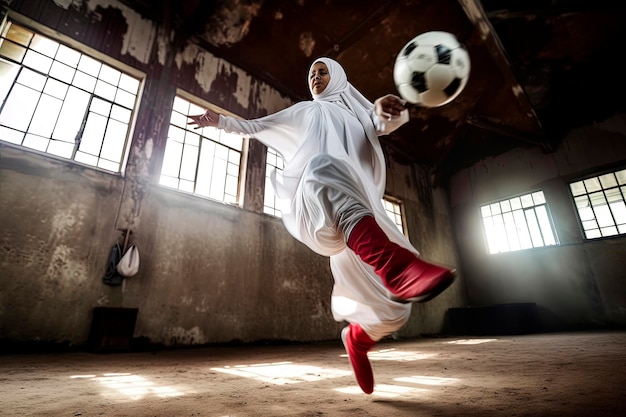 Generative AI illustration of young Arab girls dressed in djellaba and hijab playing soccer