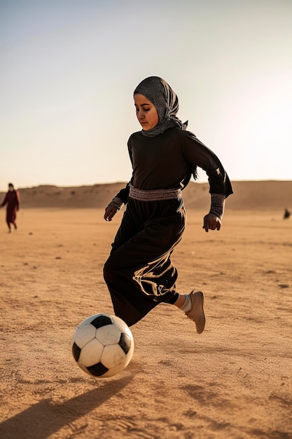 Generative AI illustration of young Arab girls dressed in djellaba and hijab playing soccer