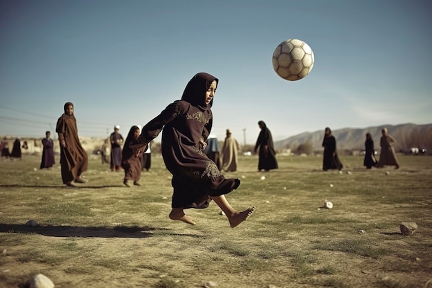 Generative AI illustration of young Arab girls dressed in djellaba and hijab playing soccer