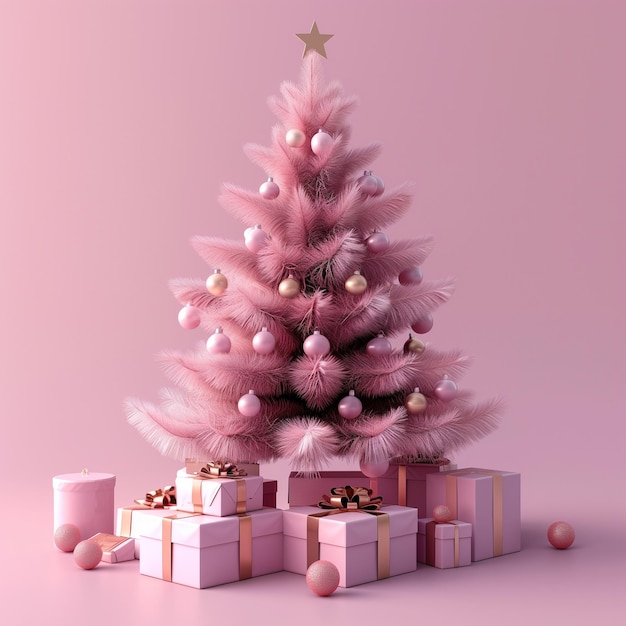 Generative ai illustrative render of a pink christmas tree with presents