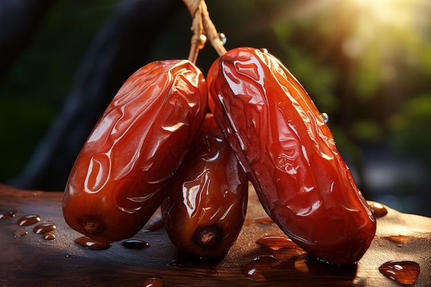 Generative AI Image of Arabian Dates Fruit on Wooden Table with Nature Background