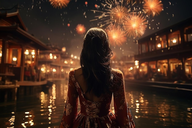 Generative AI Image of Back View of Woman Looking at Fireworks Party in the Sky