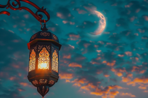 Generative AI Image of Background of Islamic Lantern Hanging Outdoor with Moon in the Evening