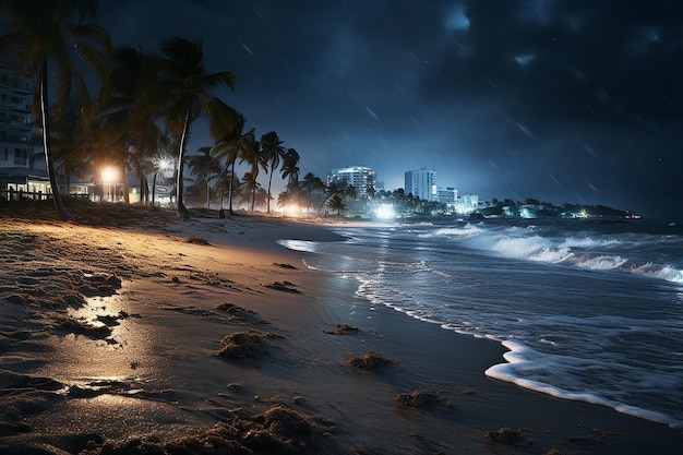 Generative AI Image of Beach Nature Landscape with Heavy Rain at Night