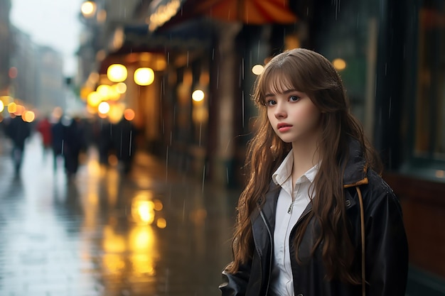 Generative AI Image of Beautiful Girl Standing Under Heavy Rain on City Street