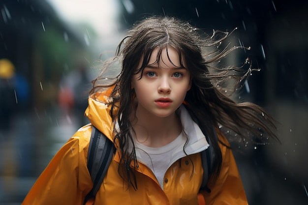 Generative AI Image of Beautiful Girl Wearing Raincoat Under Heavy Rain