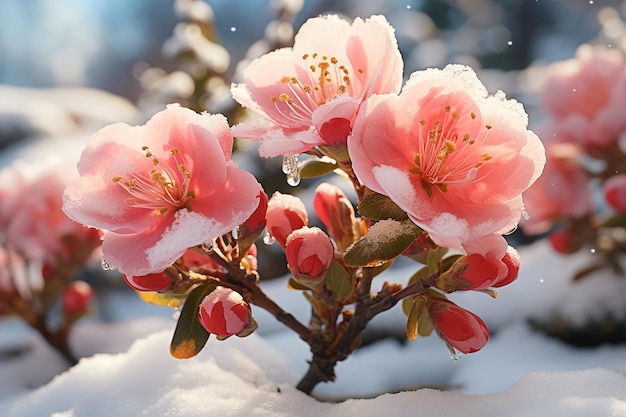 Generative AI Image of Beautiful Pink Flowers Plant in Garden with Snow