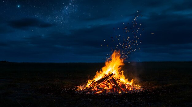 Photo generative ai image of bonfire flame at midnight with dark night sky wallpaper