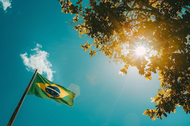 Photo generative ai image of brazil independence day with brazilian flag fluttering in bright sky