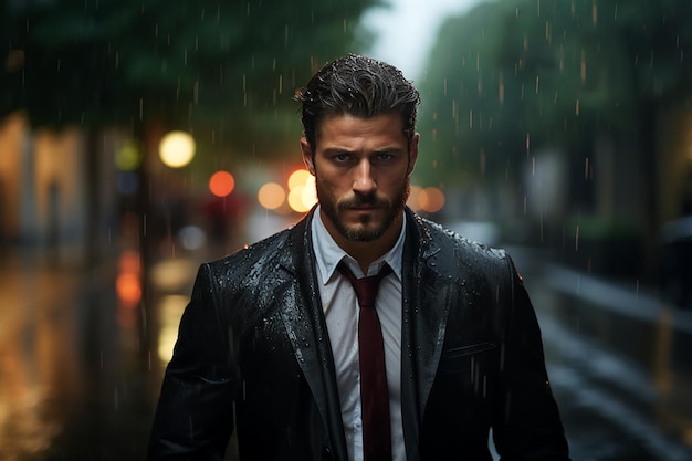 Generative AI Image of Businessman Soaking Wet Under Heavy Rain on City Street