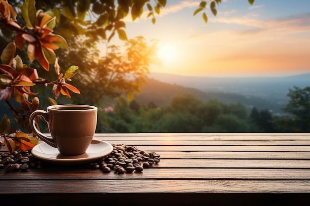 Generative AI Image of Coffee Drink in Cup with Nature Background at Sunset