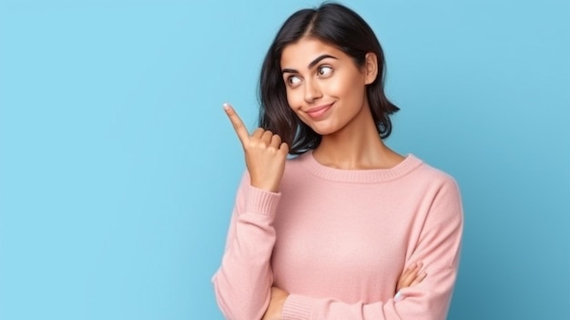 Generative AI image of a contemplative woman wearing a pink cardigan and posing with her thumb up against a blue backdrop