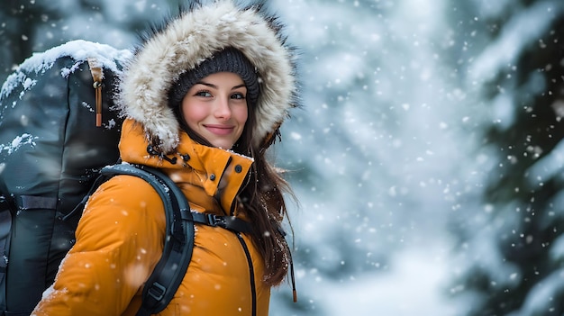 Photo generative ai image of courageous brave woman walking at bright snowy forest jungle wallpaper