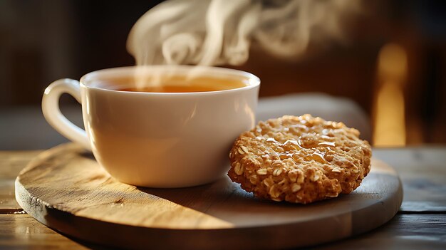 Generative AI Image of a Cup of Chamomile Tea and Oatmeal Biscuit with Honey on a Wooden Tray