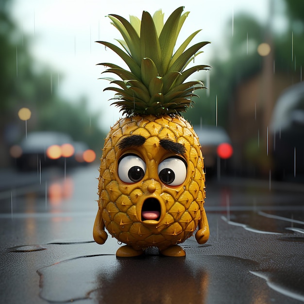 Generative AI Image of Cute Pineapple Fruit Character Standing on the Road During Rain