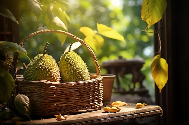 Generative AI Image of Durians Fruit in Basket with Green Leaves in the Garden