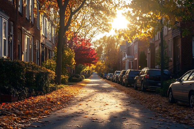 Photo generative ai image of empty street at residential complex when autumn fall leaves season wallpaper