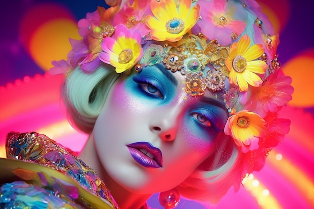 Generative AI image of fashionable doll like lady rio carnival look bright faceart make up over pink rainbow blurred background