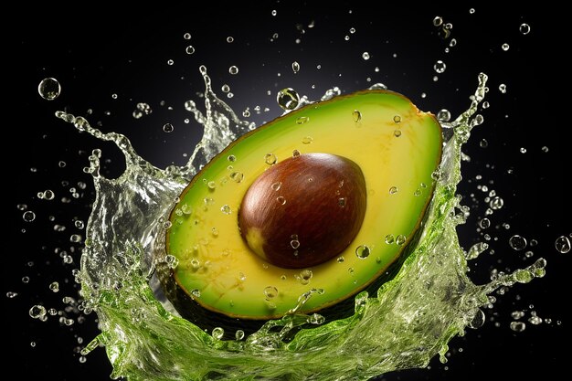 Generative AI Image of Fresh Avocado Fruit with Water Splashing on Black Background