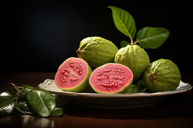 Generative AI Image of Fresh Guavas Fruit in Plate with Dark Background