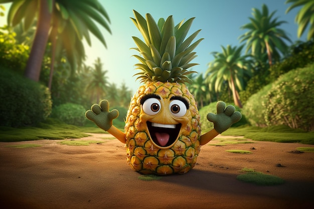 Generative AI Image of Funny Pineapple Fruit Character with Happy Expression in the Garden