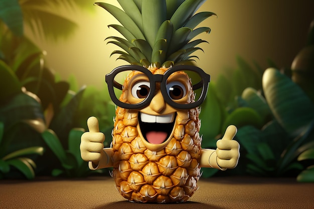 Generative AI Image of Funny Pineapple Fruit Character with Thumbs Up Pose in the Garden