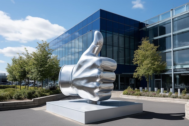 Generative AI Image of Giant Silver Thumb Up Statue in the Office Yard