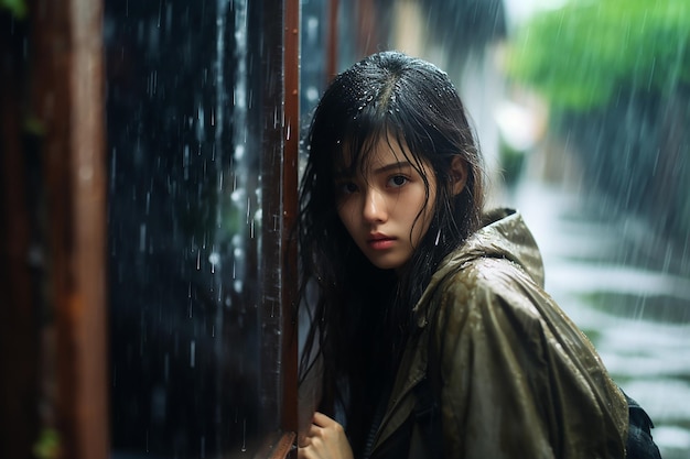 Generative AI Image of Girl Taking Shelter Near House Building During Heavy Rain