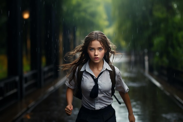 Generative AI Image of Girl Wearing School Uniform Running Under Heavy Rain