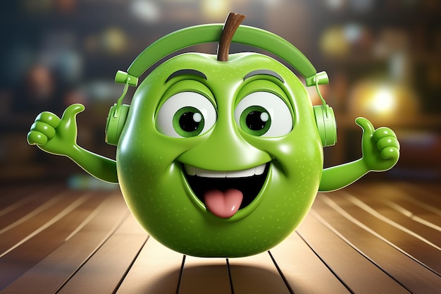 Generative AI Image of Green Apple Character Wearing Headphone with Thumbs Up Pose