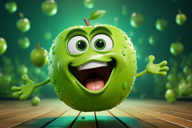 Generative AI Image of Green Apple Fruit Character with Happy Expression