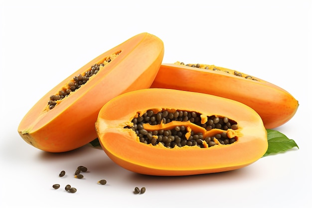 Generative AI Image of Half of Ripe Papayas Fruit with Seeds on Isolated Background