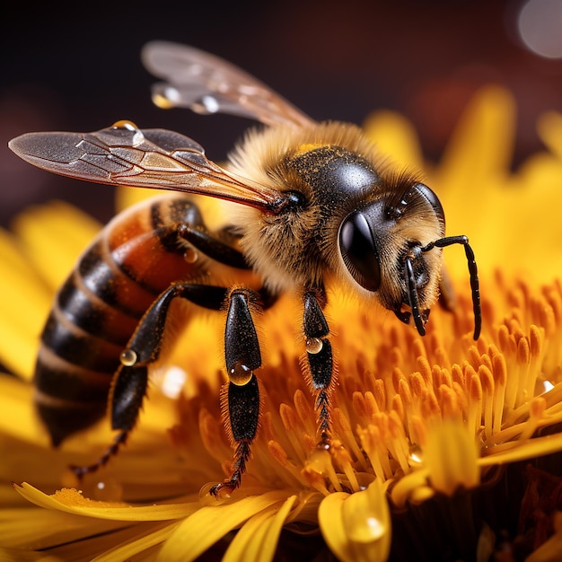 Generative AI Image Honey Bee Insect Collecting Pollen on a Yellow Flower