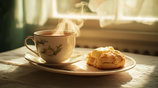 Photo generative ai image of hot tea mug with soft buttery scone with light shadow at morning teatime