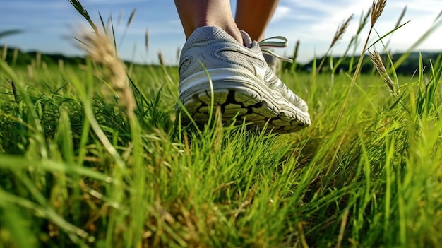 Generative AI image of human foot jogging on grass while wearing sports shoes