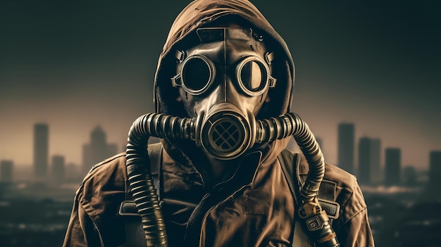 Generative ai image of hyper realistic soldier wearing gas mask while standing on ruined city street