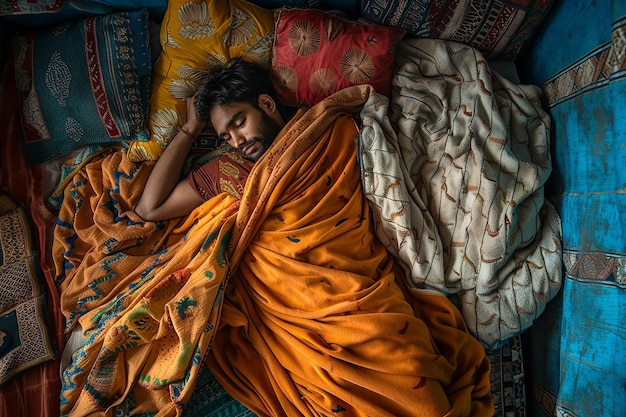 Generative AI Image of Indian Man Sleeping Well on the Bed Celebrating World Sleep Day