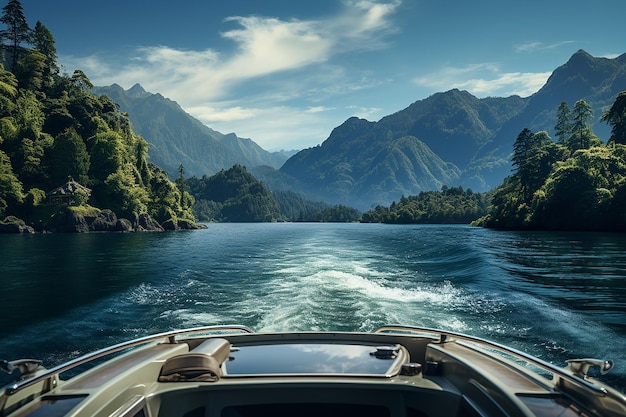 Generative AI Image of Lake View with Hills from the Boat in Bright Day