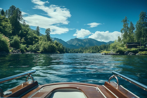 Generative AI Image of Lake View with Mountains from the Boat in Bright Day