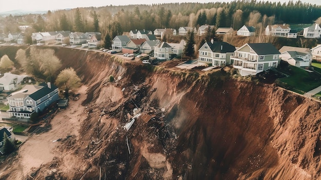 Generative AI image of a landslide that destroyed houses and lives as result of erosion