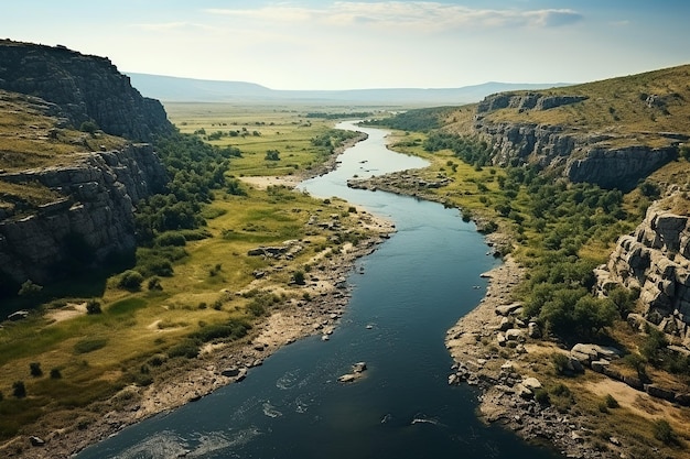 Generative AI Image of Long River Surrounded by Green Trees and Rocky Cliffs at Bright Day