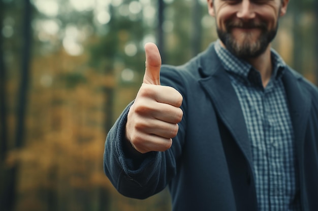 Generative AI Image of Man Giving a Thumb Up with Smiling Expression on Nature Background