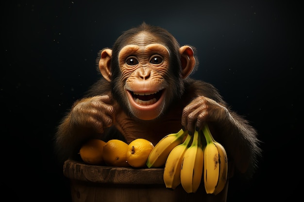 Generative AI Image of Monkey Holding Banana with Happy Expression on Dark Background