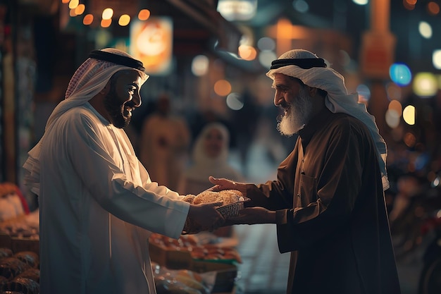 Generative AI Image of A Muslim Man Giving Food to Elderly Person in the Market