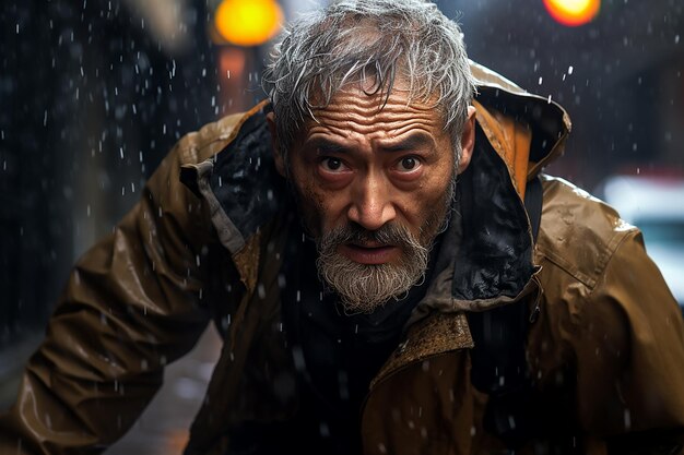 Generative AI Image of Old Man Wearing Jacket Running Under Heavy Rain