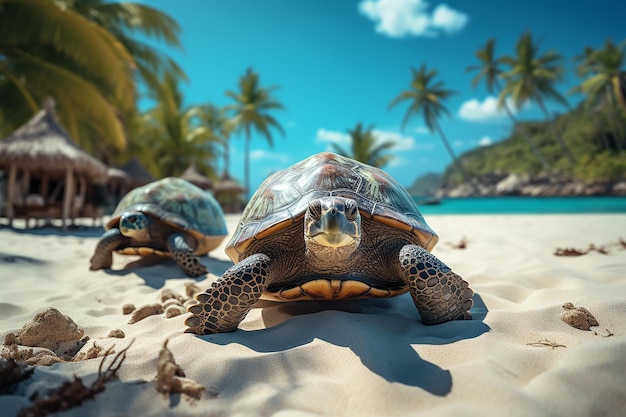 Generative AI Image of a Pair of Turtles Walking on the Sand in Beach at Summer